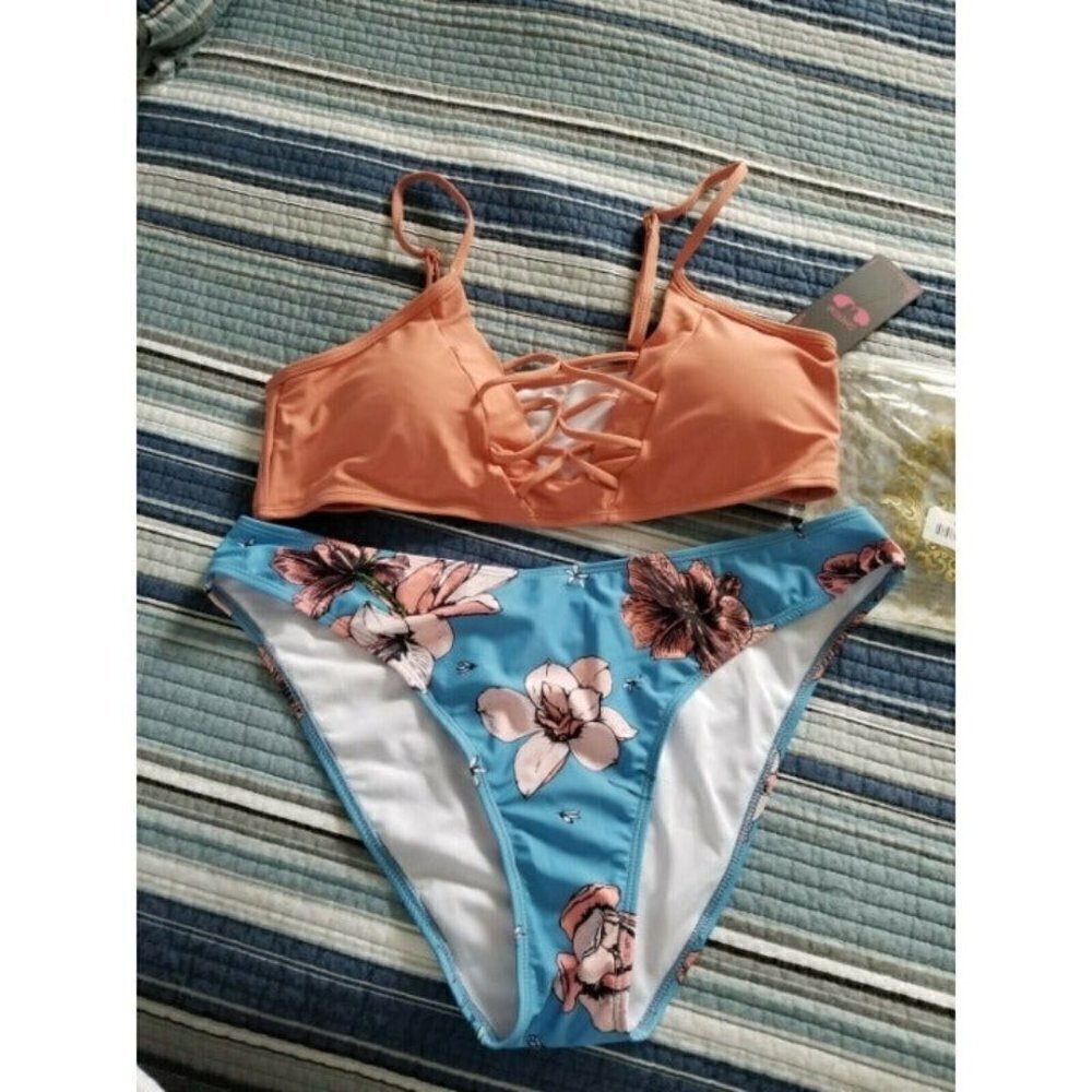 SHEKINI Floral Print Swim Bottom Cutout Spaghetti Strap Top 2 Piece Coral Sz XL